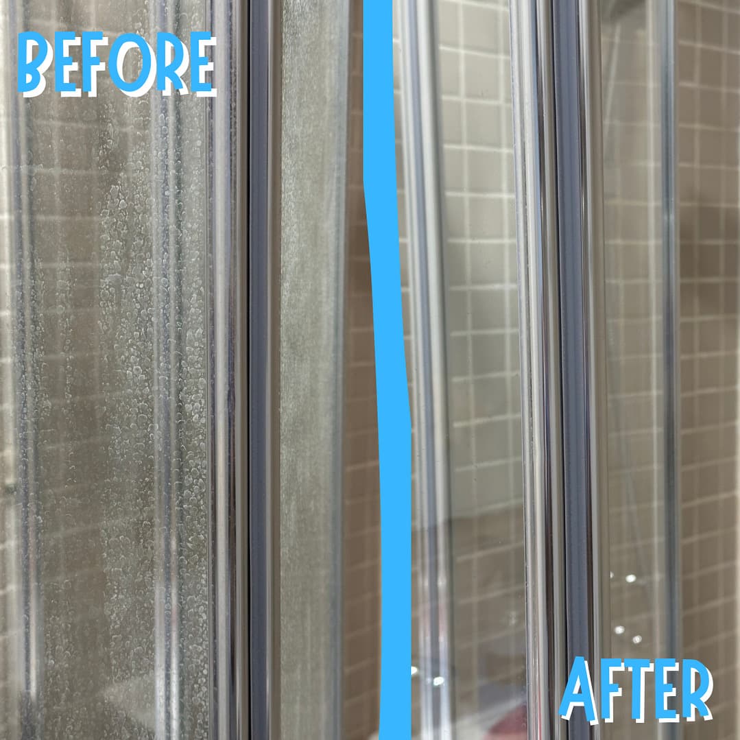 Glass shower door before and after cleaning, showing removal of heavy, cloudy water spots.