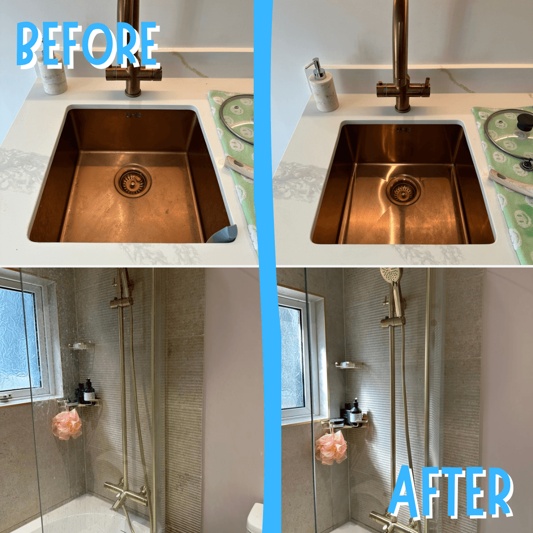 Before and after comparison of a cleaned copper kitchen sink and a polished gold shower.
